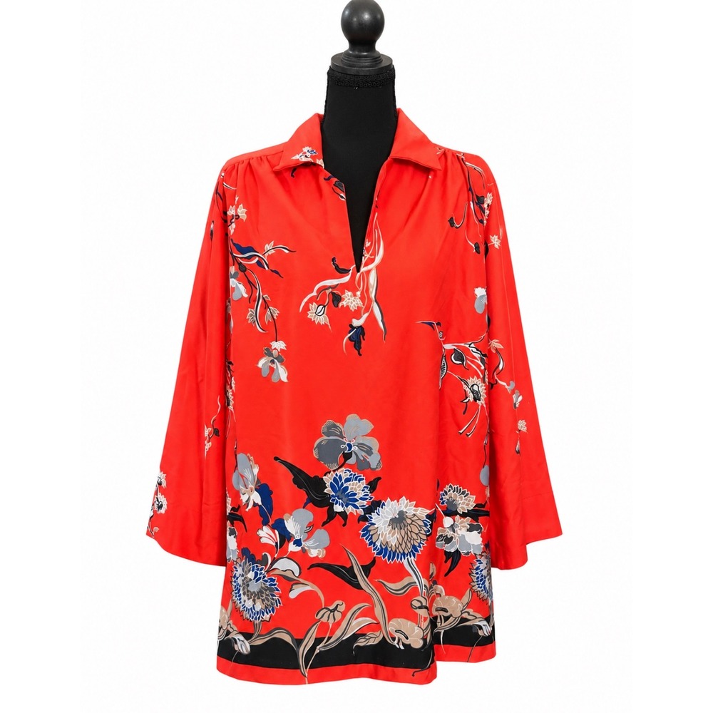 Vintage Lady Win by Teddy California Floral Tunic Blouse Size 40 Coral Red